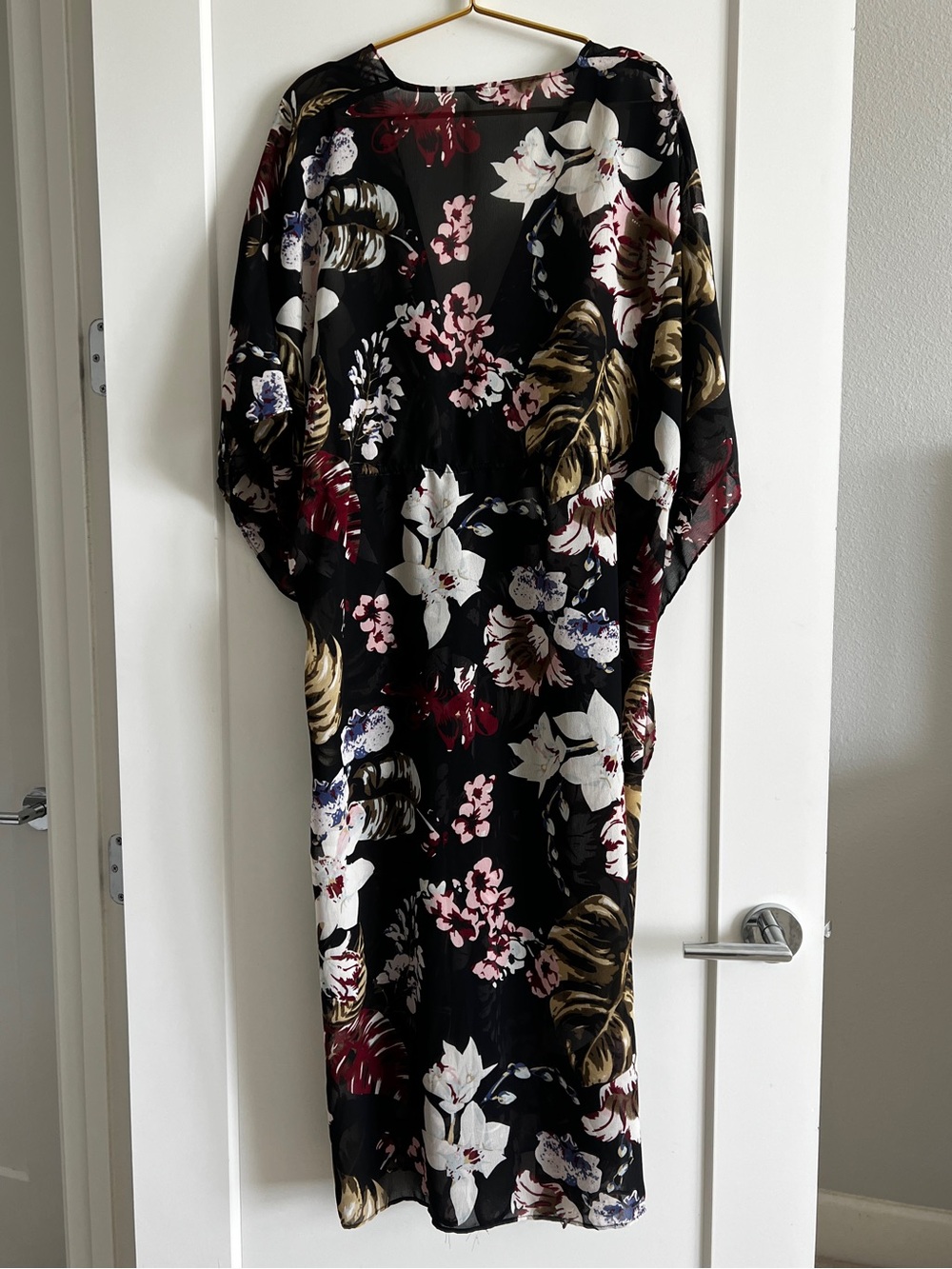 Walter Baker Tulum Floral Caftan Kimono Cover Up OS Black Tropical Resort Duster - Picture 10 of 13